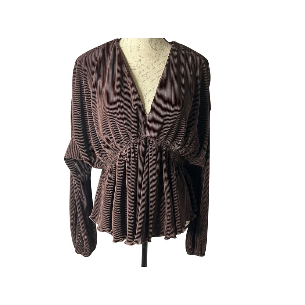 Abercrombie Top Womens Brown Crop Long Sleeve Rib Satin Vneck‎ Clasp Elastic L